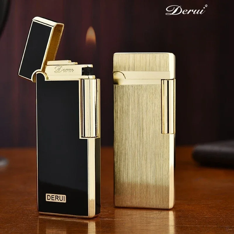 DERUI Metal Ultra thin Inflatable Lighter Grinding Wheel Ignition Open Flame Butane Gas High end Portable Lighters Smoking Gifts