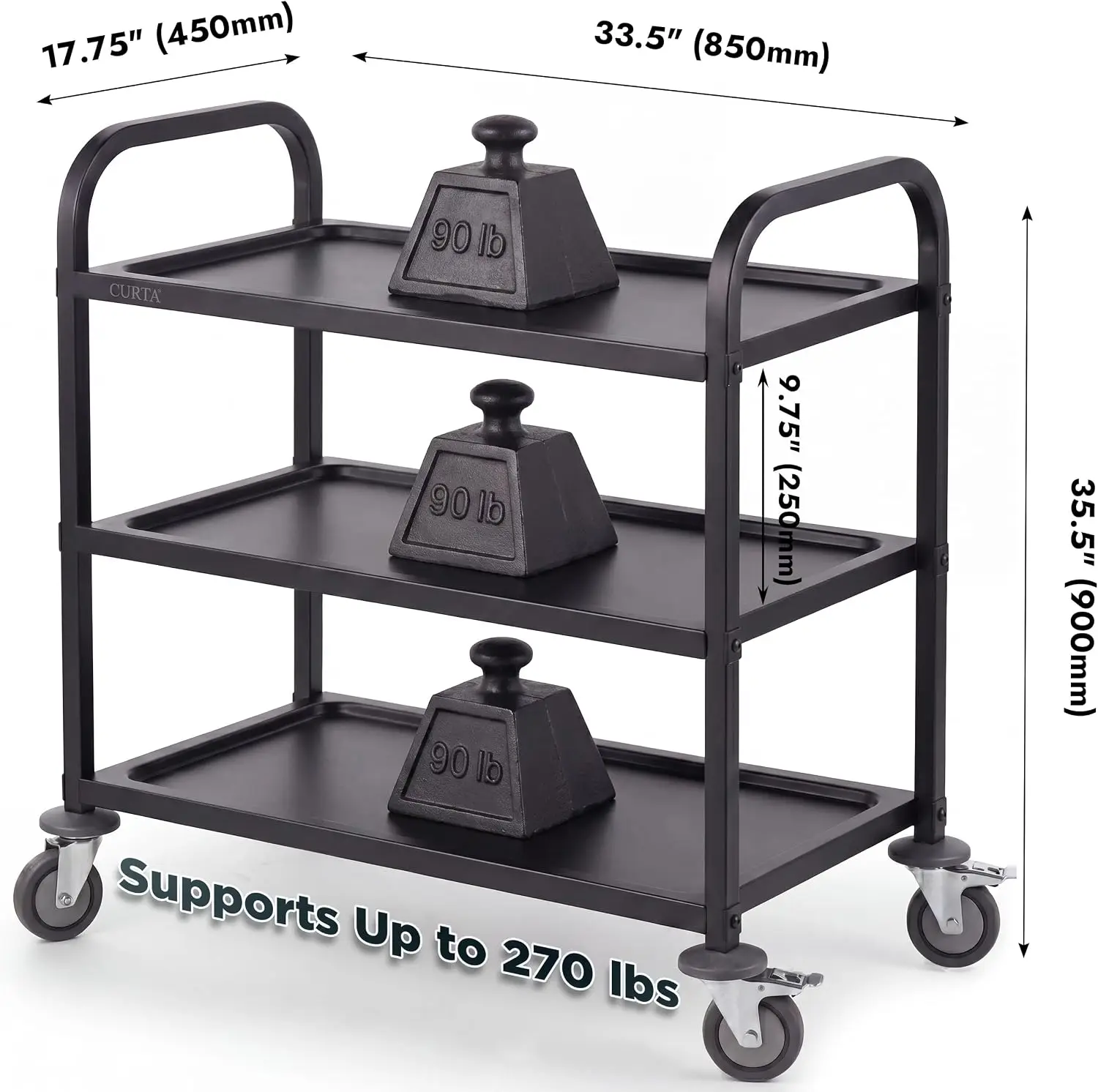 Black Stainless Steel Serving Cart 3 Tier Rolling Utility Trolley Heavy Duty Kitchen Cart On Wheels With Brakes Commercial Grade Shelf Rack Organizer Unit For Restaurant Hotel Salon Lab Kitchen Dining Room, Black
