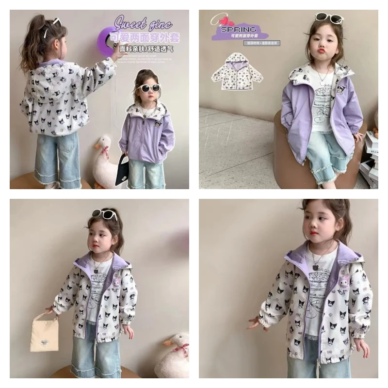 

Популярное пальто Sanrio для девочек Kuromi Kawaii, модные студенческие весенне-осенние топы на молнии с длинными рукавами и капюшоном, детская одежда