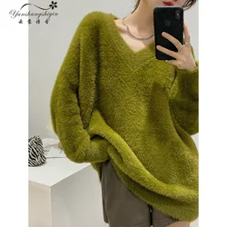 Wholesale Imitation Mink Cashmere sweater Women's Autumn and Winter New Thickened High-end Loose Pilling V-neck