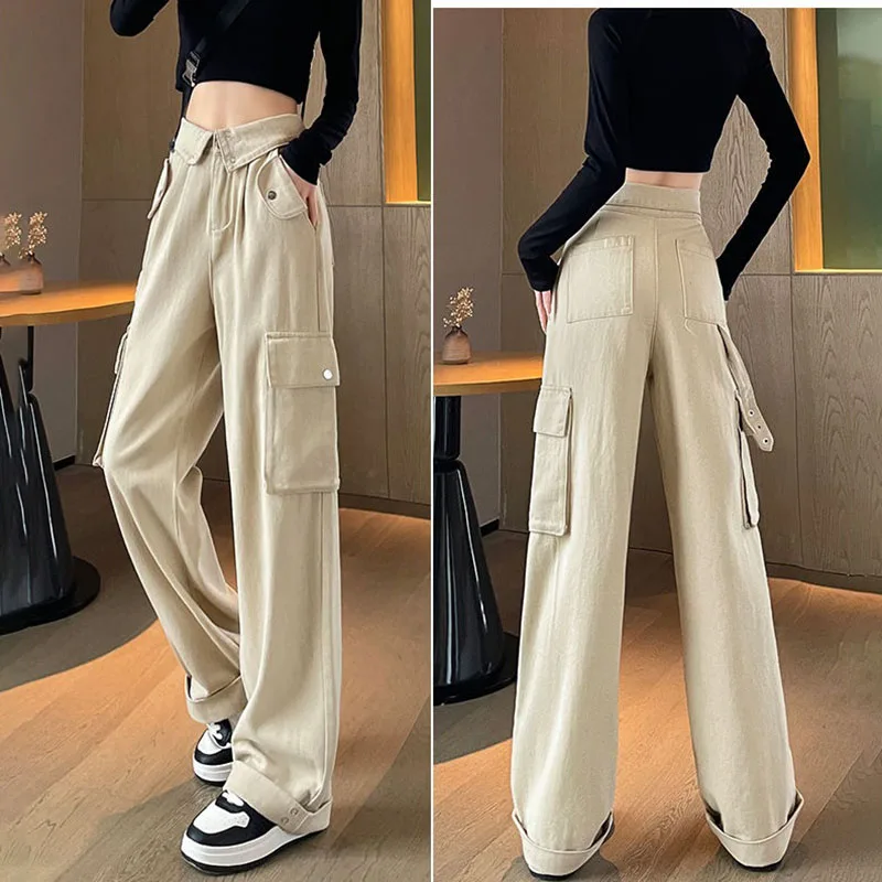 Flanging Breasted Multi-Pocket Tooling Jeans Women's Spring  Autumn New High Waist Straight Leg Pants Lazy Style Wide Leg Pants