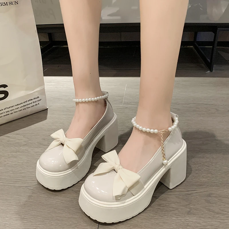 

Женские туфли с жемчугом, Туфли Мэри Джейн на высоком каблуке, кожаные туфли с бантом, 2024