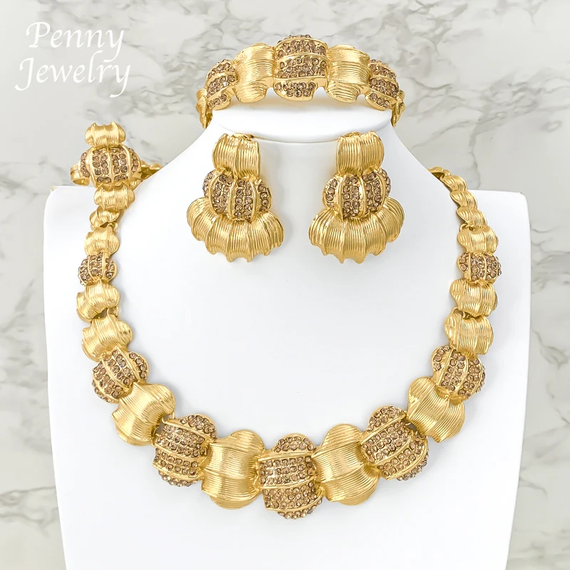 

Rhinestone Trendy 18K Gold Plated Jewelry Set Choker Necklace Drop Earrings Bracelet Ring African Bridal Wedding Party Gifts