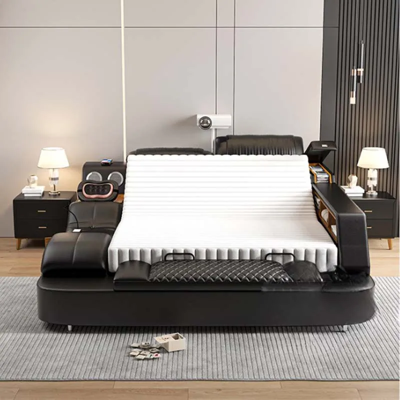 Nordic Modern Double Bed Frame Leather Black Massage Luxury Bed Comforter Multifunctional Lozko Wielofunkcyjne Furniture Home