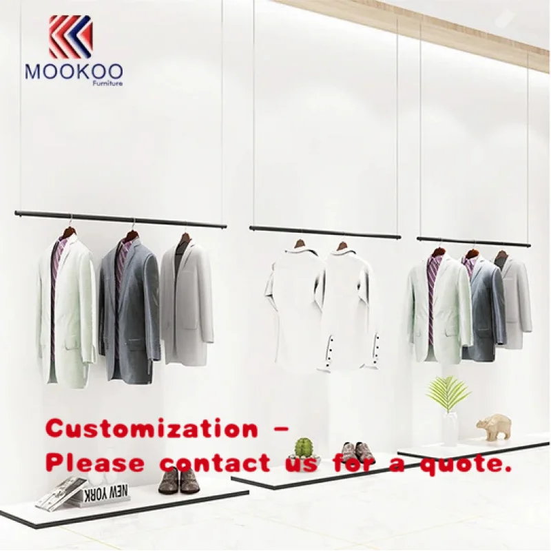 custom.Modern Stainless Steel Clothing Store Furniture Clothes Hanging Rack with 6 Shelves and Floating Shelf Design
