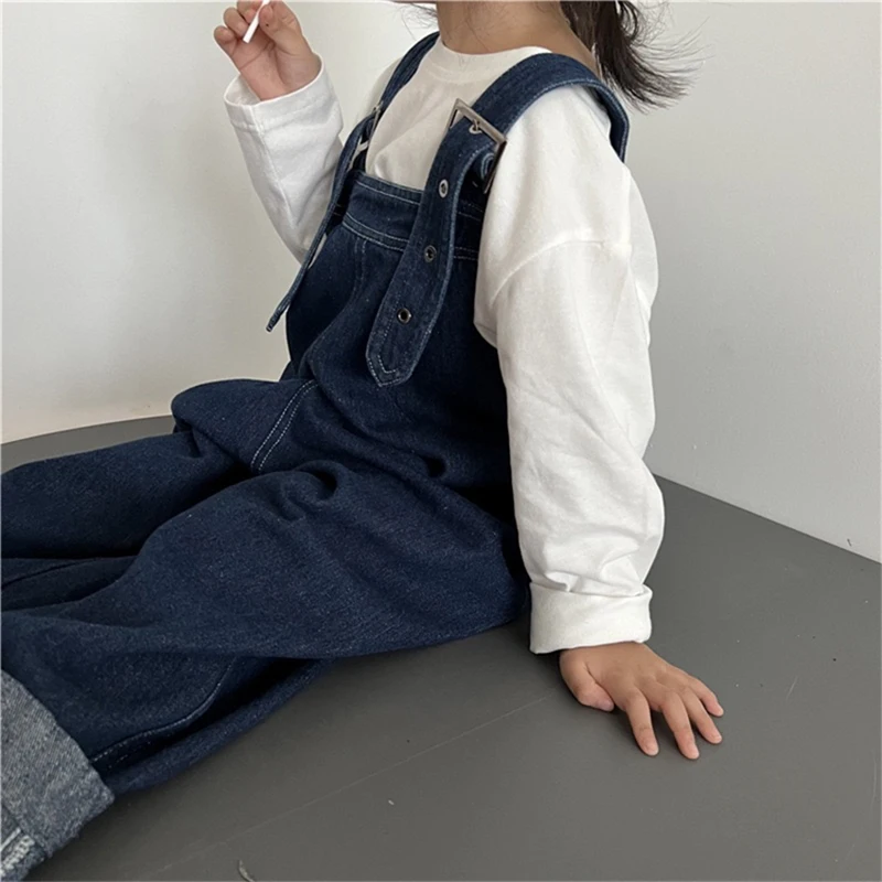 Boys Girls Denim Jumpsuit Blue Loose Wide Leg Suspender Jeans Spring Autumn Casual Overalls Children Casual Romper Pants