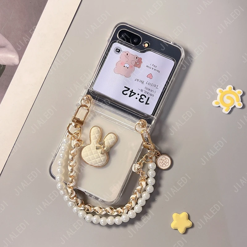 

Fashion Rabbit Pearl Leather Bracelet Chain Transparent Hinge Phone case For Samsung Galaxy Z Flip 7 6 5 4 3 flip6 zflip7 Cover