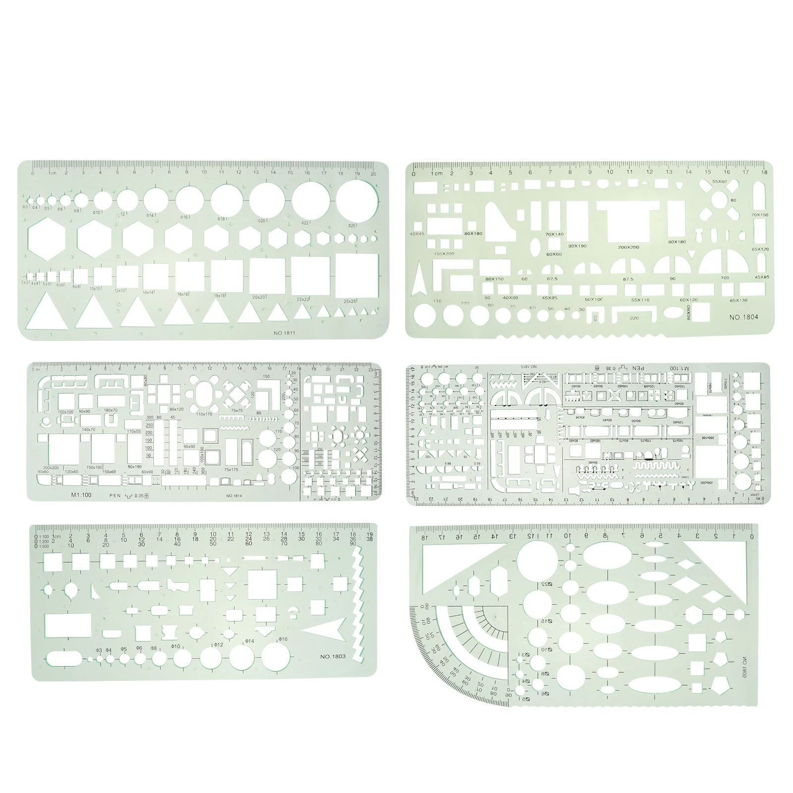 

6Pcs Green Plastic Geometric Ruler Templates Lightweight Drawing Aids Math Study Office Use Measuring
