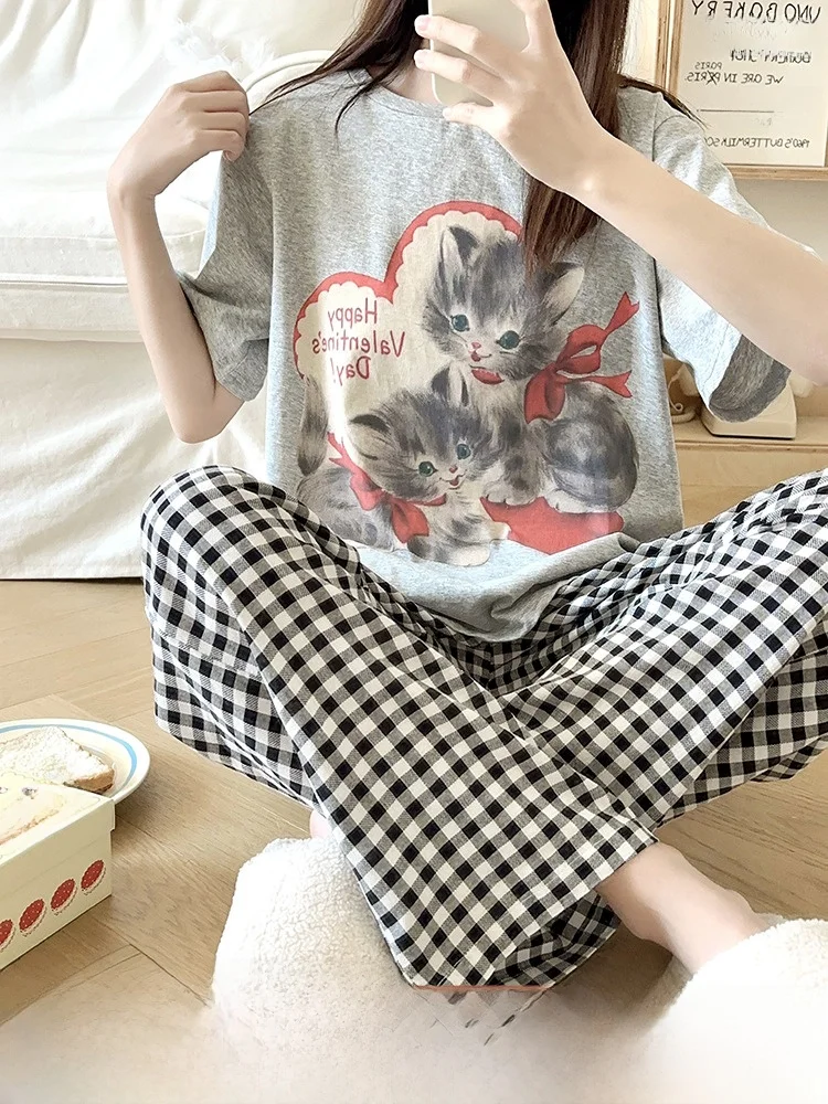 

Cartoon Knot Print Women's Spwear ort Sve Summer Casual Loose Fit Home Clothes Thin Cotton round Ne