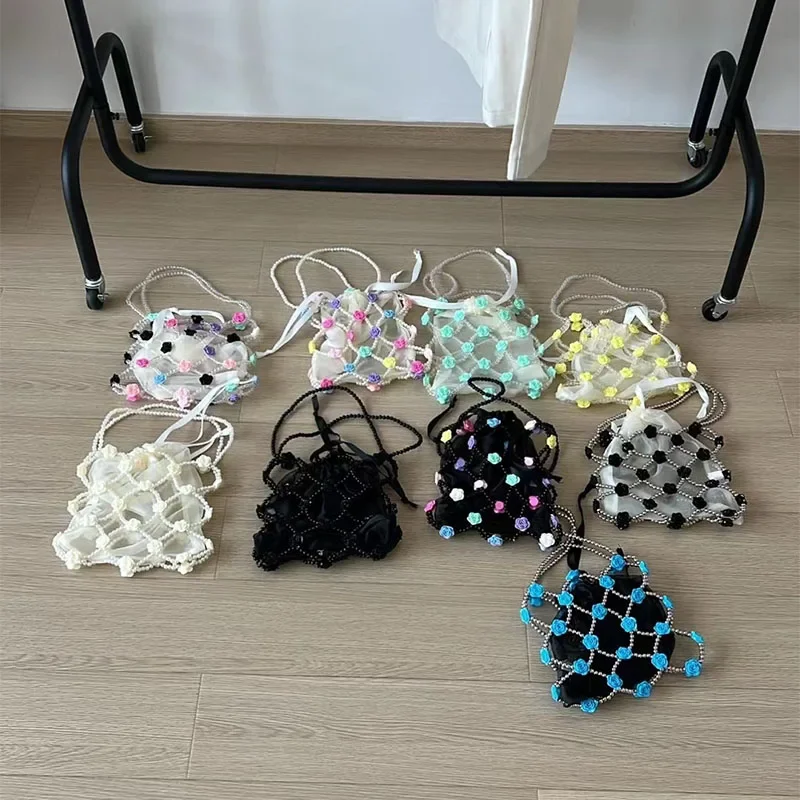 

Girls Versatile Mobile Phone Women's Bag 2024 Handwoven Beaded Bags Fashion Retro Pearl Hollow Flower Design Handbags for Woman