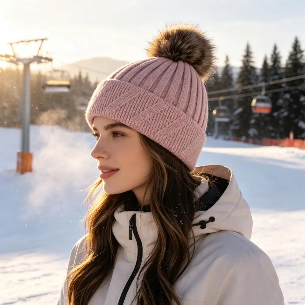 Machine Washable Winter Caps Winter Knitted Hat for Women with Pom Pom Fleece Lined Weather Ribbed Snow for Autumn for Weather