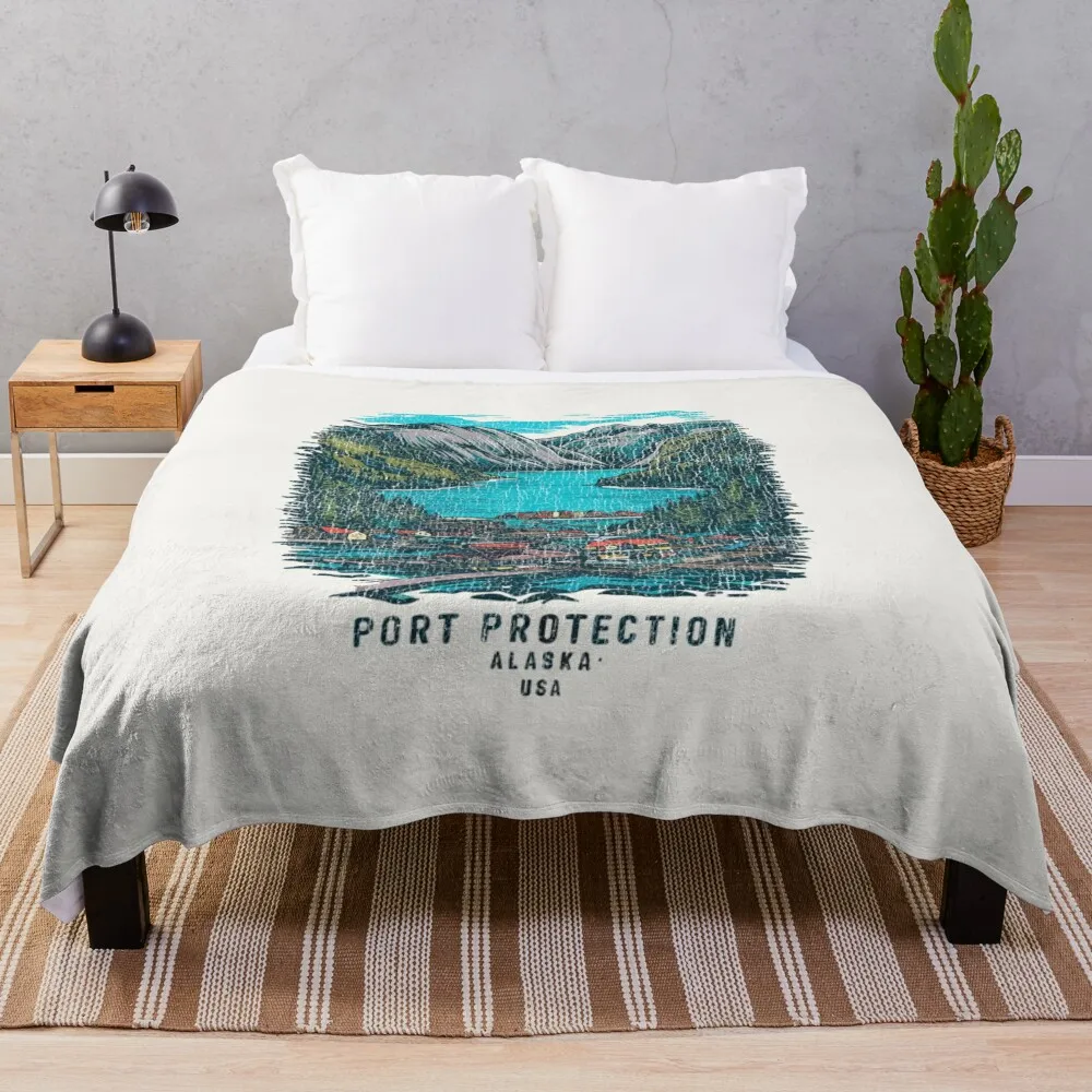 Vintage Port Protection, Alaska – Classic Alaskan Design Throw Blanket Flannel Decorative Sofa warm winter Custom Blankets