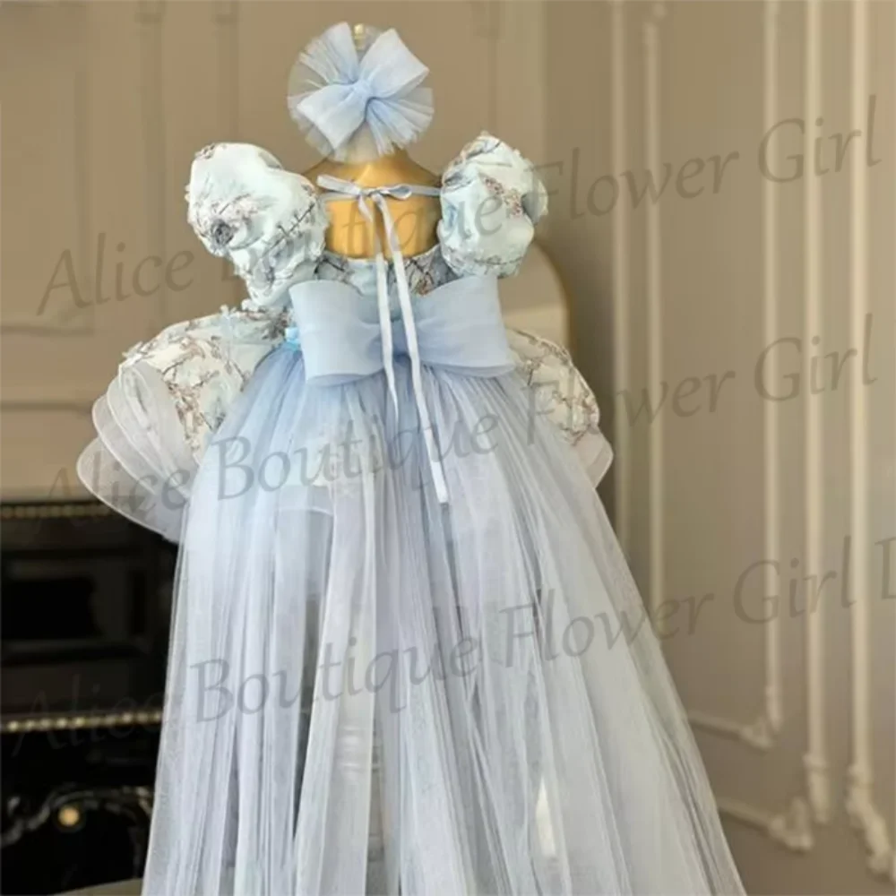 

Flower Girl Dress Customized Lace Appliques Puff Ruffles O-Neck Dress With Bow Lovely A-Line First Communion Birthday Party Gown