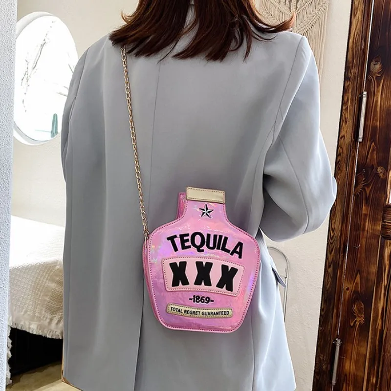 Ladies Fashion Creative Funny Personalized Laser Sequin Letter Wine Bottle Crossbody Shoulder Bag