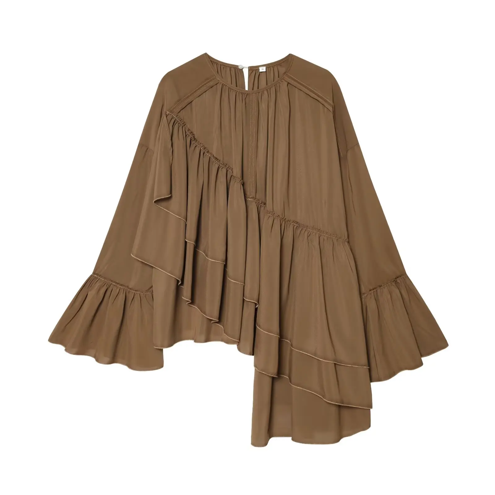 YENKYE nouveau chemisier en mousseline de soie ample à la mode et polyvalent pour les femmes manches papillon col rond asymétrique plissé à volants hauts