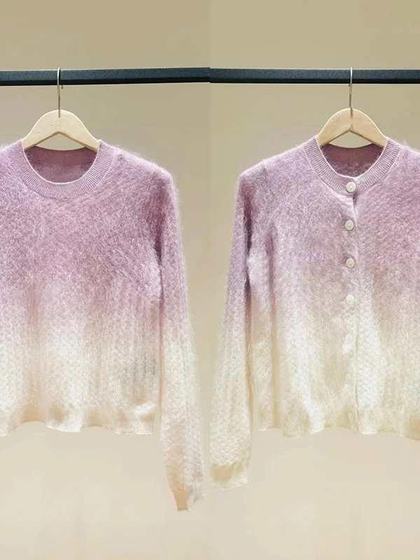 

New Arrival Autumn Winter Women's round Neck Short Sweater Gradient Color Soft Fuzzy Luxury Twist Purple Themed Knitted Top