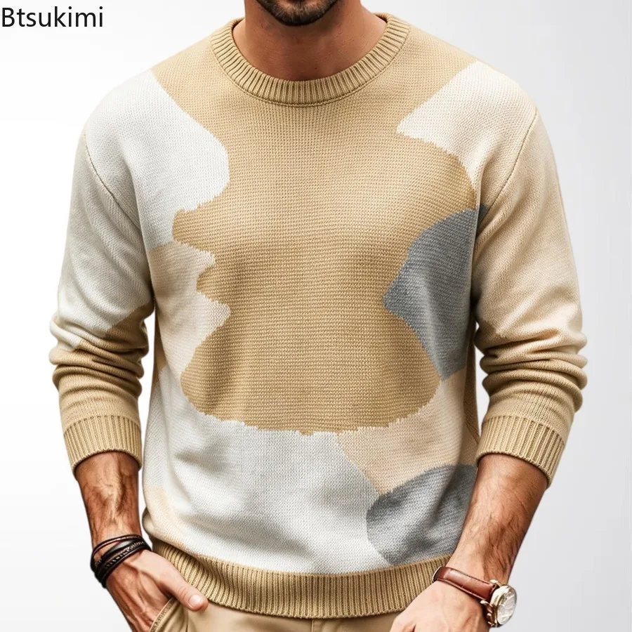New Men Abstract Jacquard Color Block O Neck Sweater Long Sleeve Pullover Casual Autumn Winter Daily Basic Knitwear Top for Men