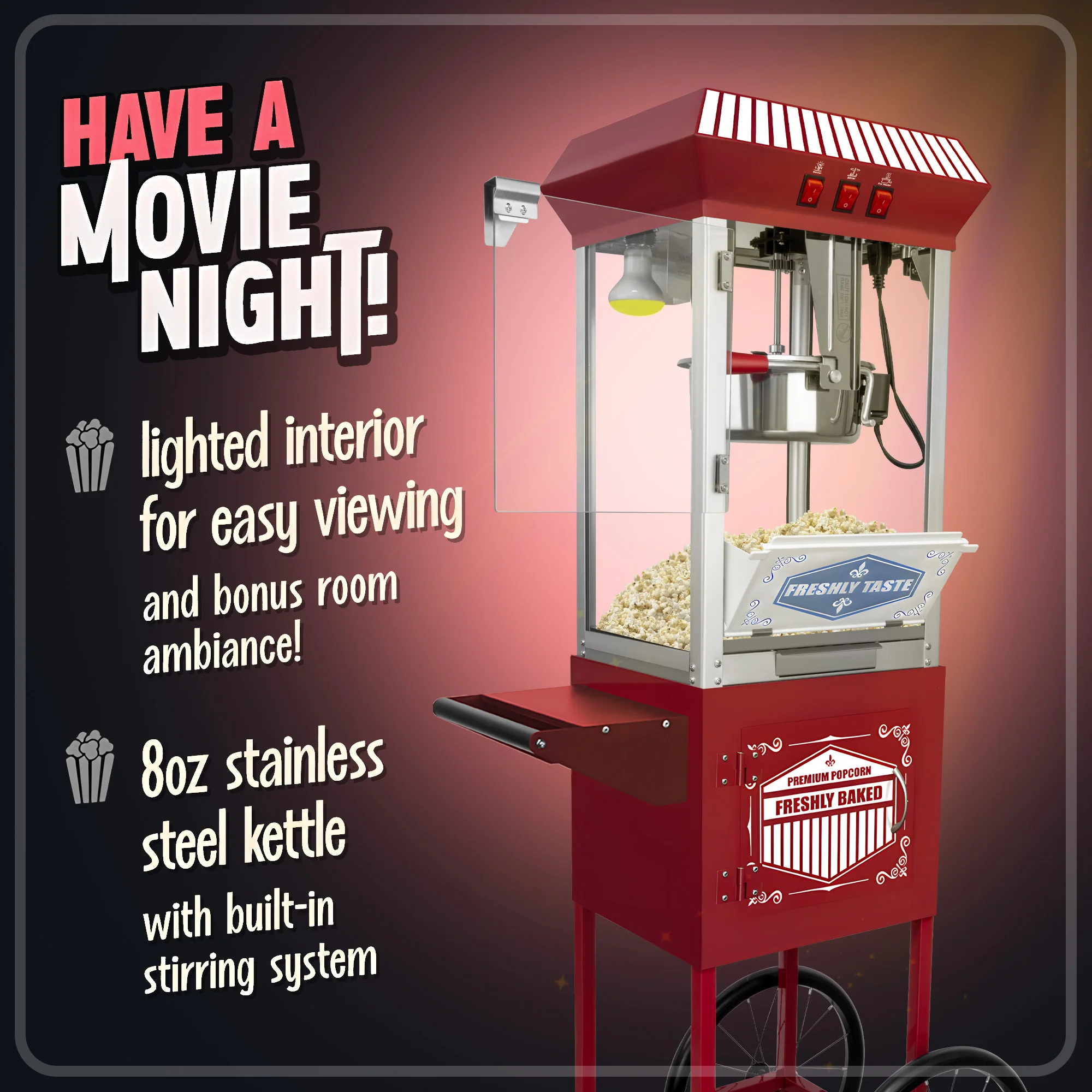 

Movie Theater-Style Popcorn Machine Maker with Cart and 12-Ounce Kettle - Red, Vintage-Style Popper on Wheels