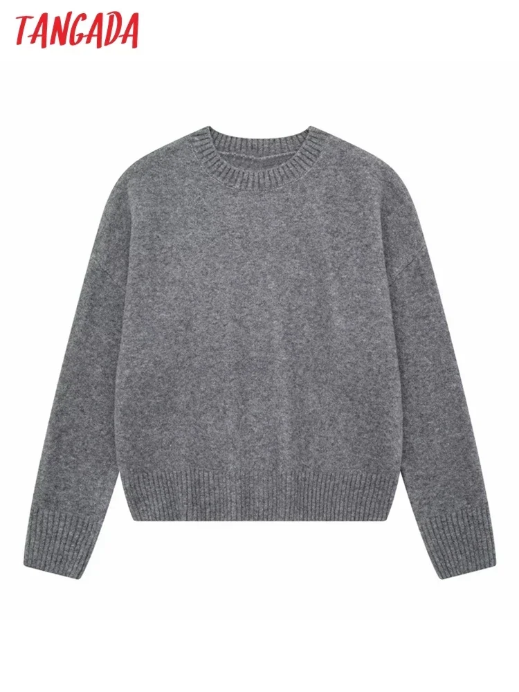 Tangada 2023 Women Gray Oversized Knit Jumper Sweaters Long Sleeve Female Outerwear 3H678