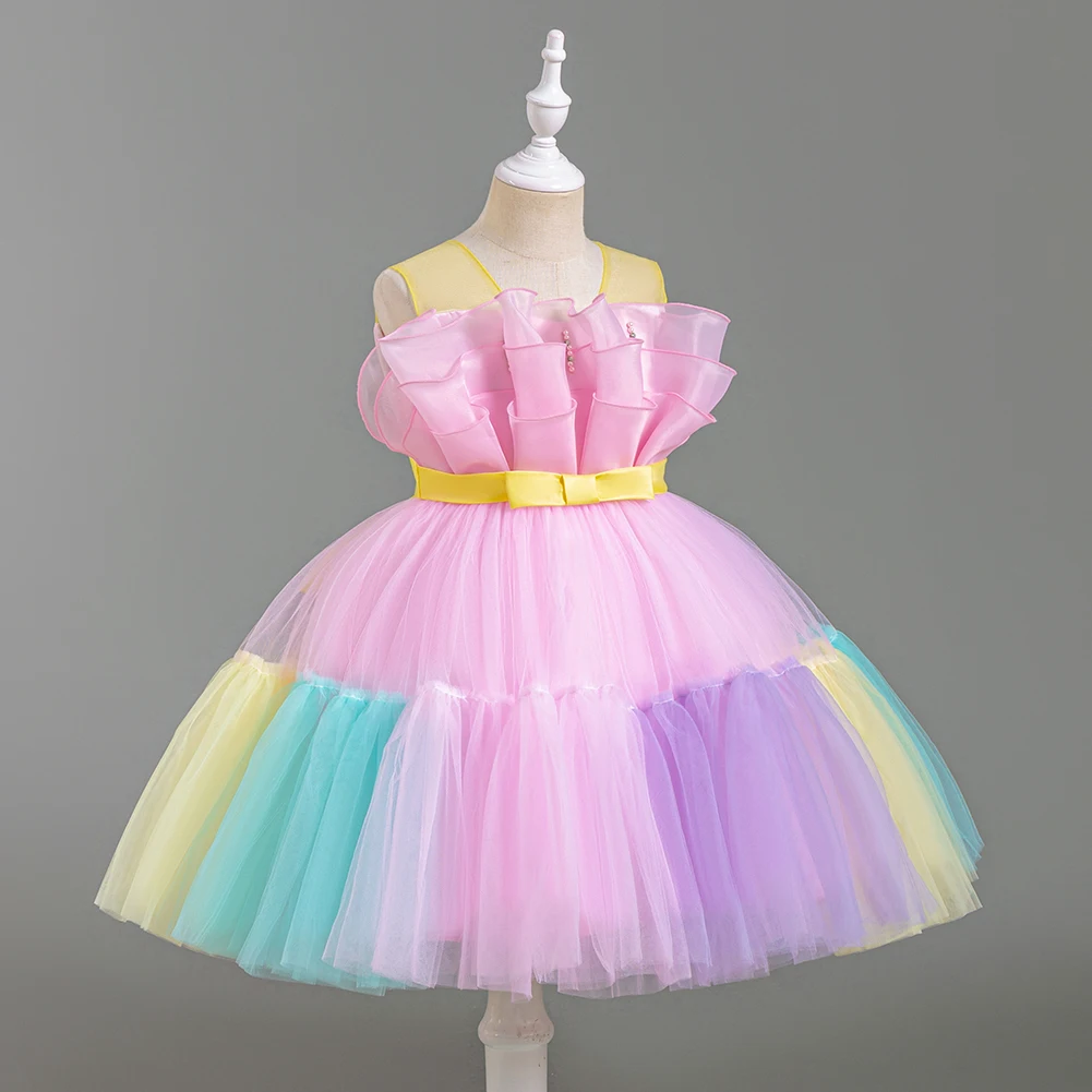 HETISO Color Block Girl Kid's Dress Rainbow Ruffle Mesh Princess Halloween Performance Costume for Party 2 to 8 10 Years