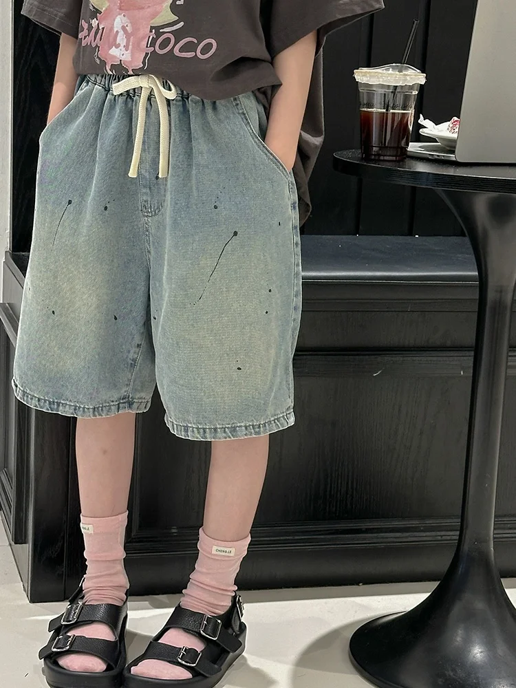 retro-splatter-denim-short-pants-five-quarter-casual-cotton-blend-summer-children's-clothing-for-girls-aiza-basic-brand