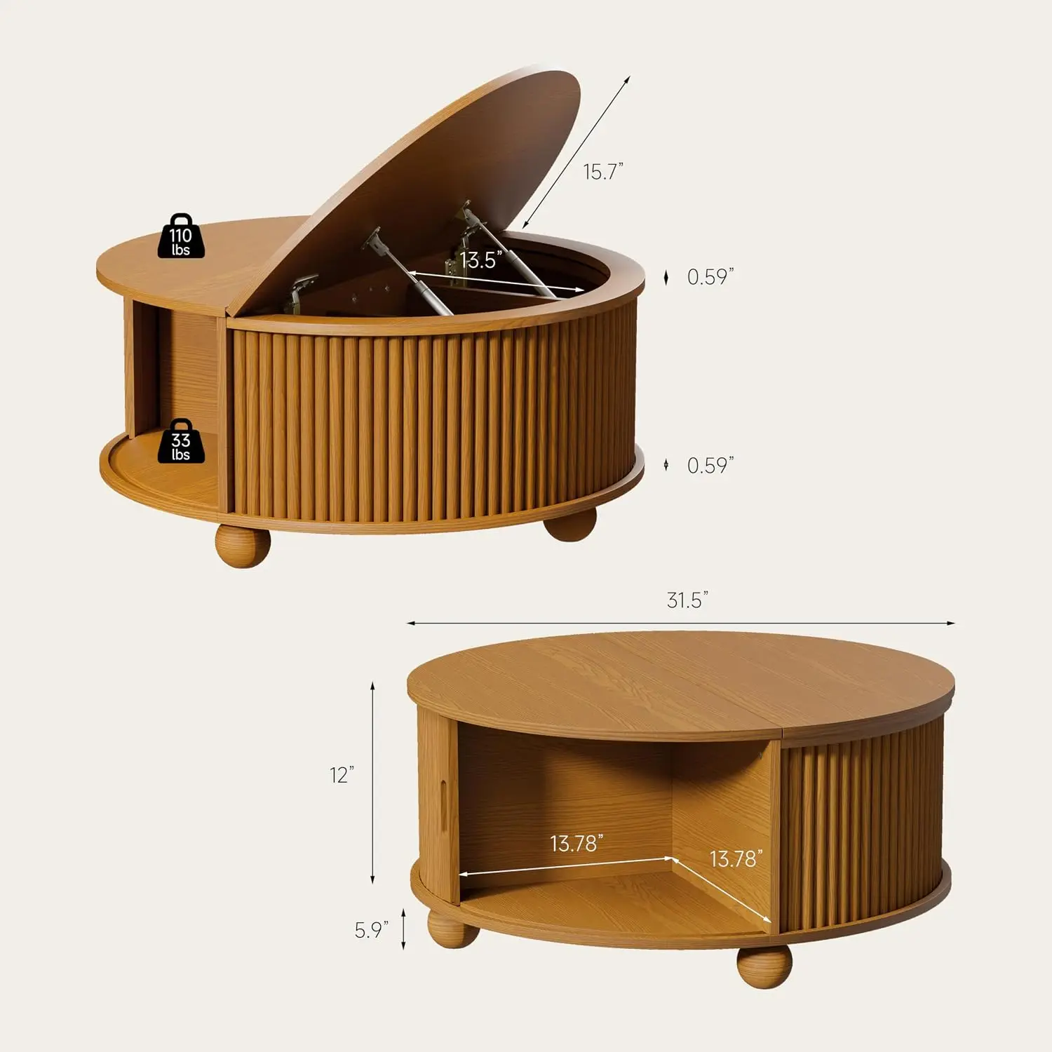 Fluted Round Coffee Tables,31.5