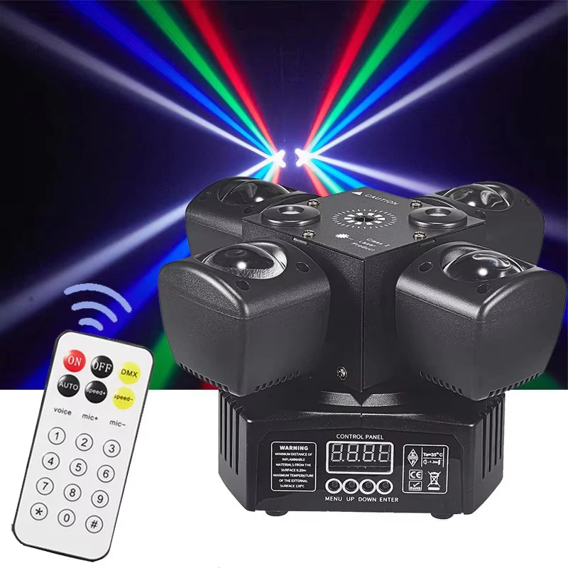 4-armige mini bewegende kop stage-effectverlichting DMX512 geluidsgestuurde LED RGBW beam + rode groene laser + strobe 3-in-1 voor disco DJ party bar