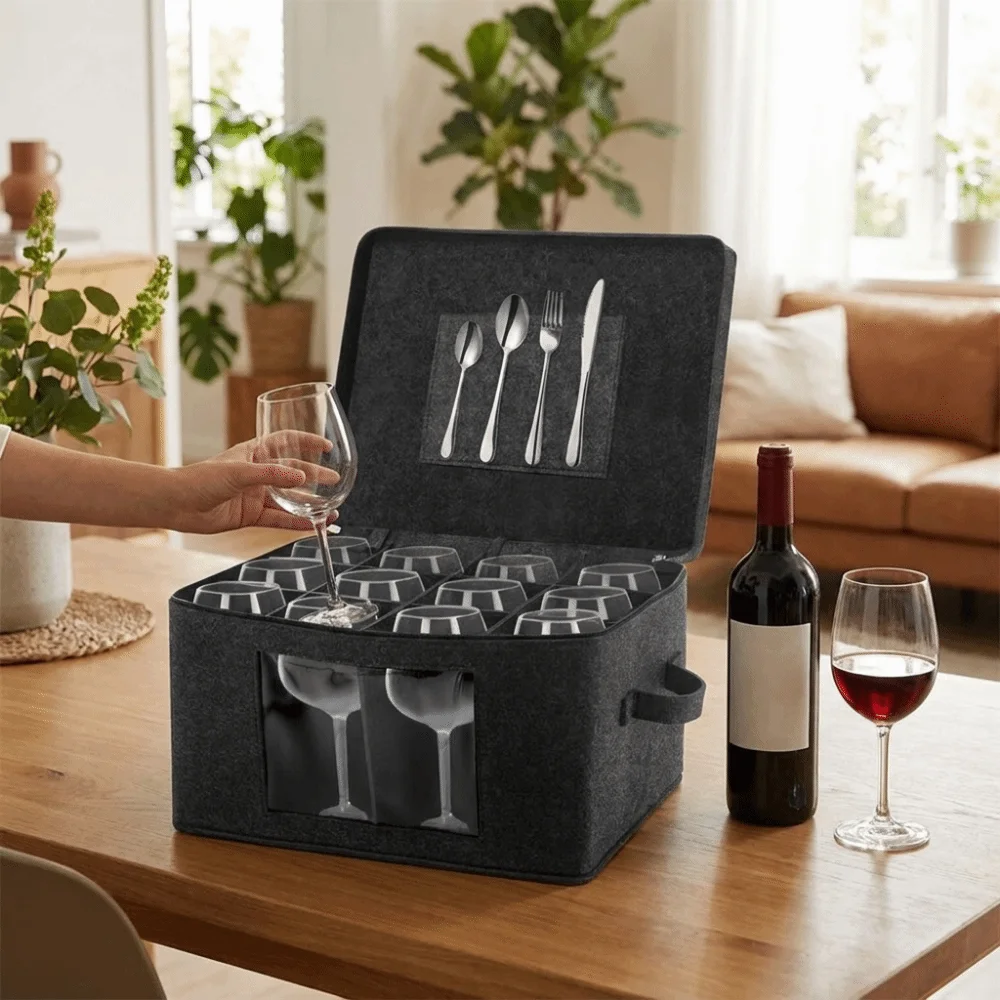 Felt Wine Glass Storage Box Dust-proof Folding Stemware Storage Container Hard Shell with Lid Glassware Packing Box for Travel