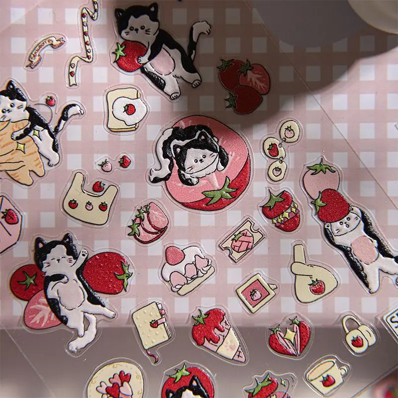 Cute Ins 3D Embossed Jelly Stickers Cartoon Dessert Cat Strawberry DIY Phone Journal Decor Stickers