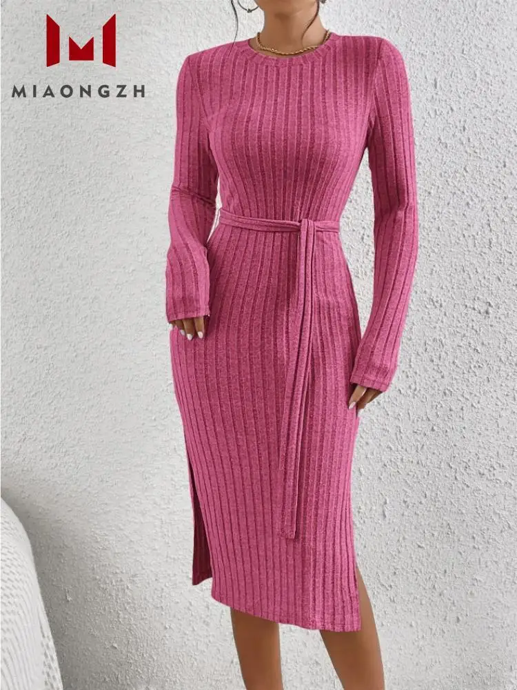 Solid Bodycon Knitted Dress For Wome Round Neck Long Sleeve Striped Elegant Vintage Dresse Female Fashion Clothing Autumn New 23