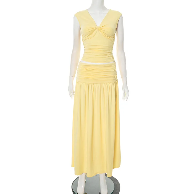 Stretch Jersey tweedelige damesset Elegante gedraaide V-hals met korte mouwen Top A-lijn rok Chique casual outfit