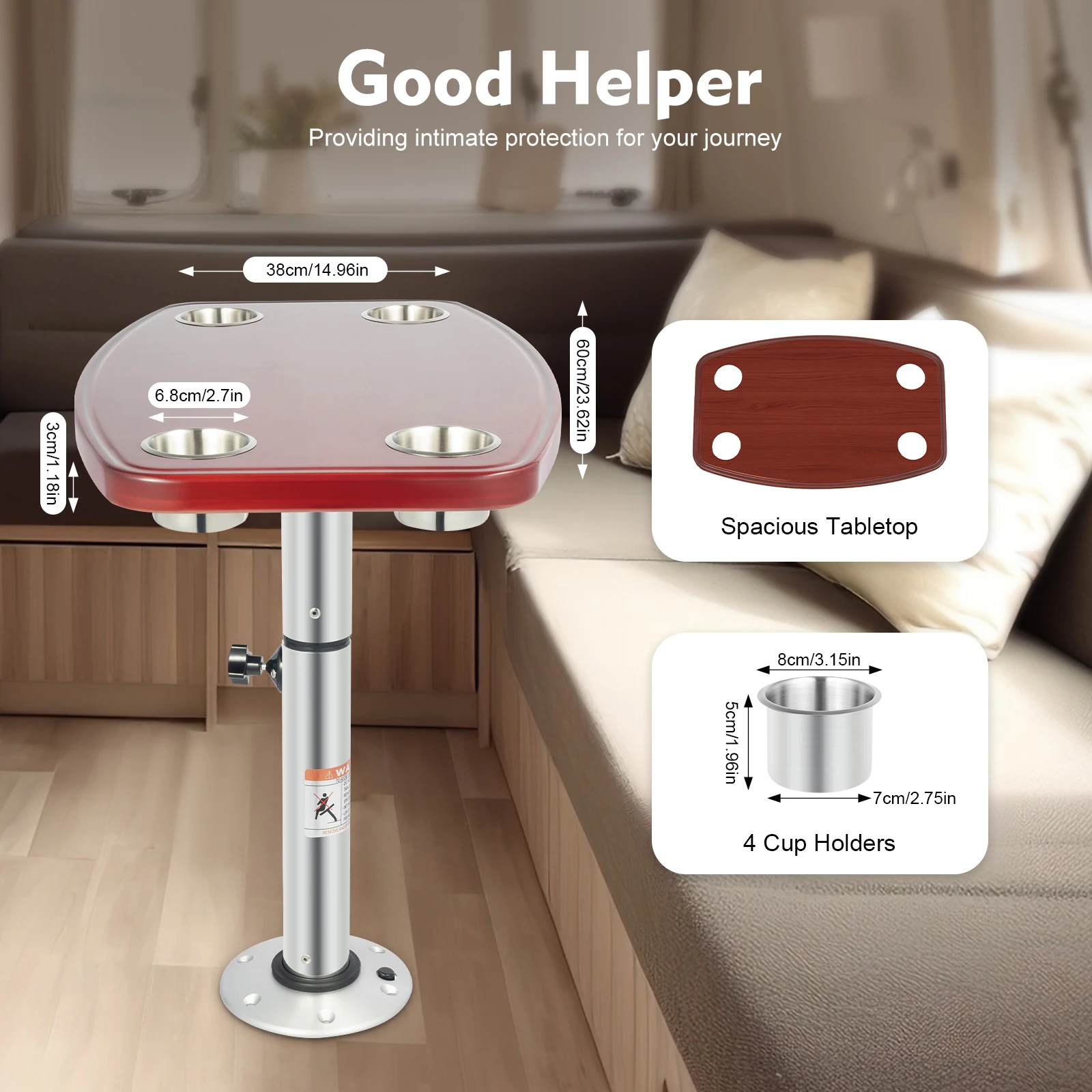 طاولة قارب قابلة للتعديل RV بارتفاع 22 بوصة - 28 بوصة، مكتب قائم بذاته من الخشب الصلب مع 4 حاملات أكواب وقضيب داعم