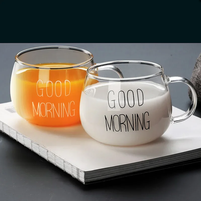 Round Glass Cup Letter Printed Transparent Creative Glass Juice Coffee Tea Mug Drinks Dessert Breakfast Milk Cup Glass Mugs