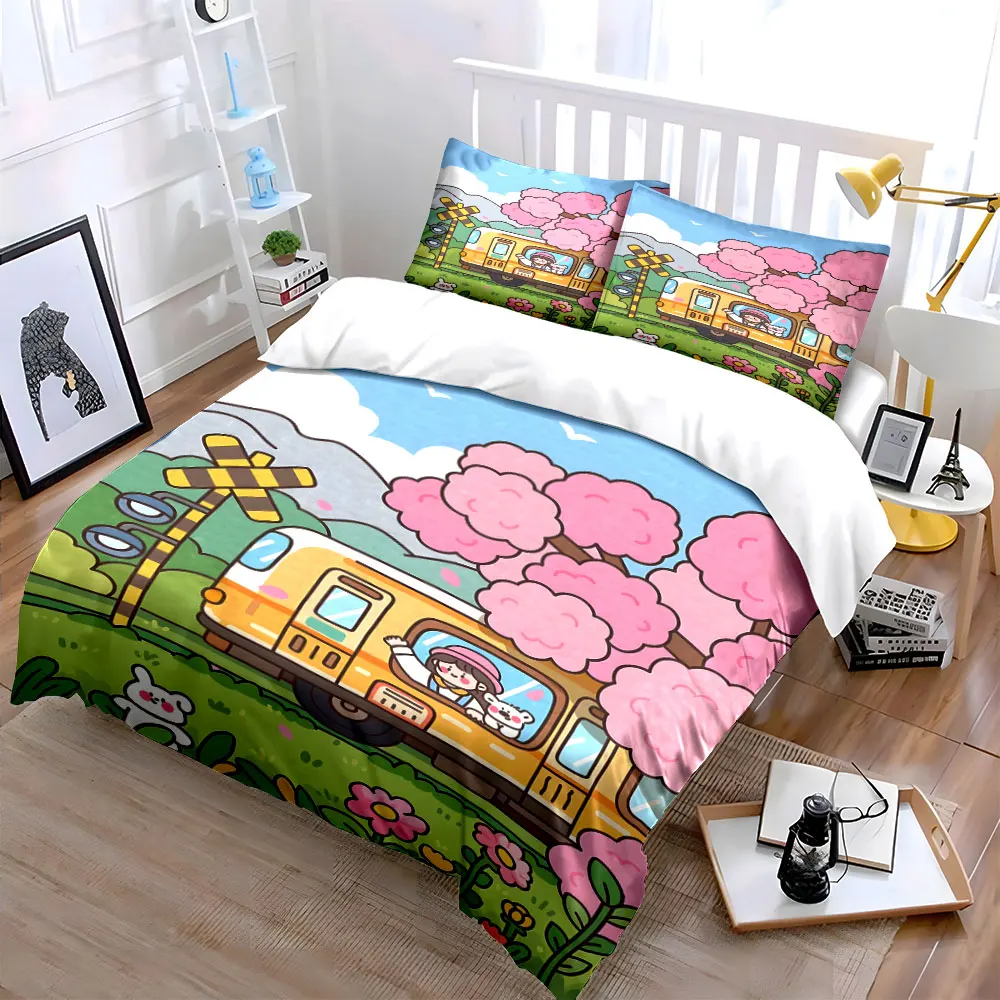 Blooming Cherry Blossoms and Yellow Bus Pattern Duvet Cover Set Digital Print Colorful Polyester Bedding with Zipper Closur