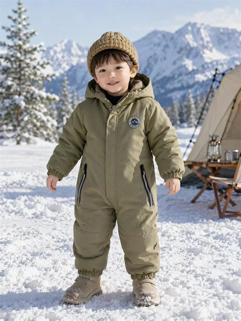 Kinder-Skianzug Winter Herbst Plus Samt Jungen-Jumpsuit Warme Kinderkleidung Wasserdichter Baby-Mantel mit Kapuze Jungen-Schneeanzug 1-5 Jahre – Detail 2