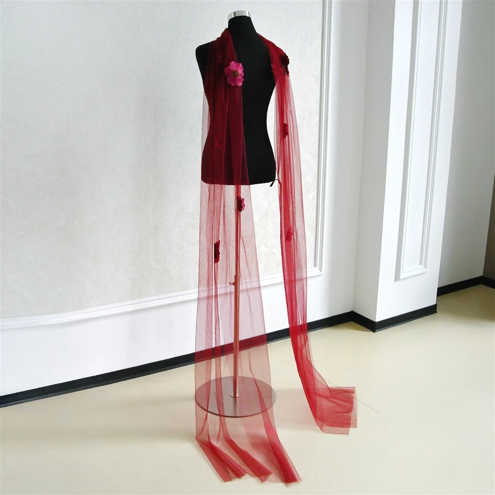 4M Long Burgundy Flowy Bridal Shawl with Flowers Wedding Bolero with Women Elegant Sexy Wear Wedding Capes Wedding Props