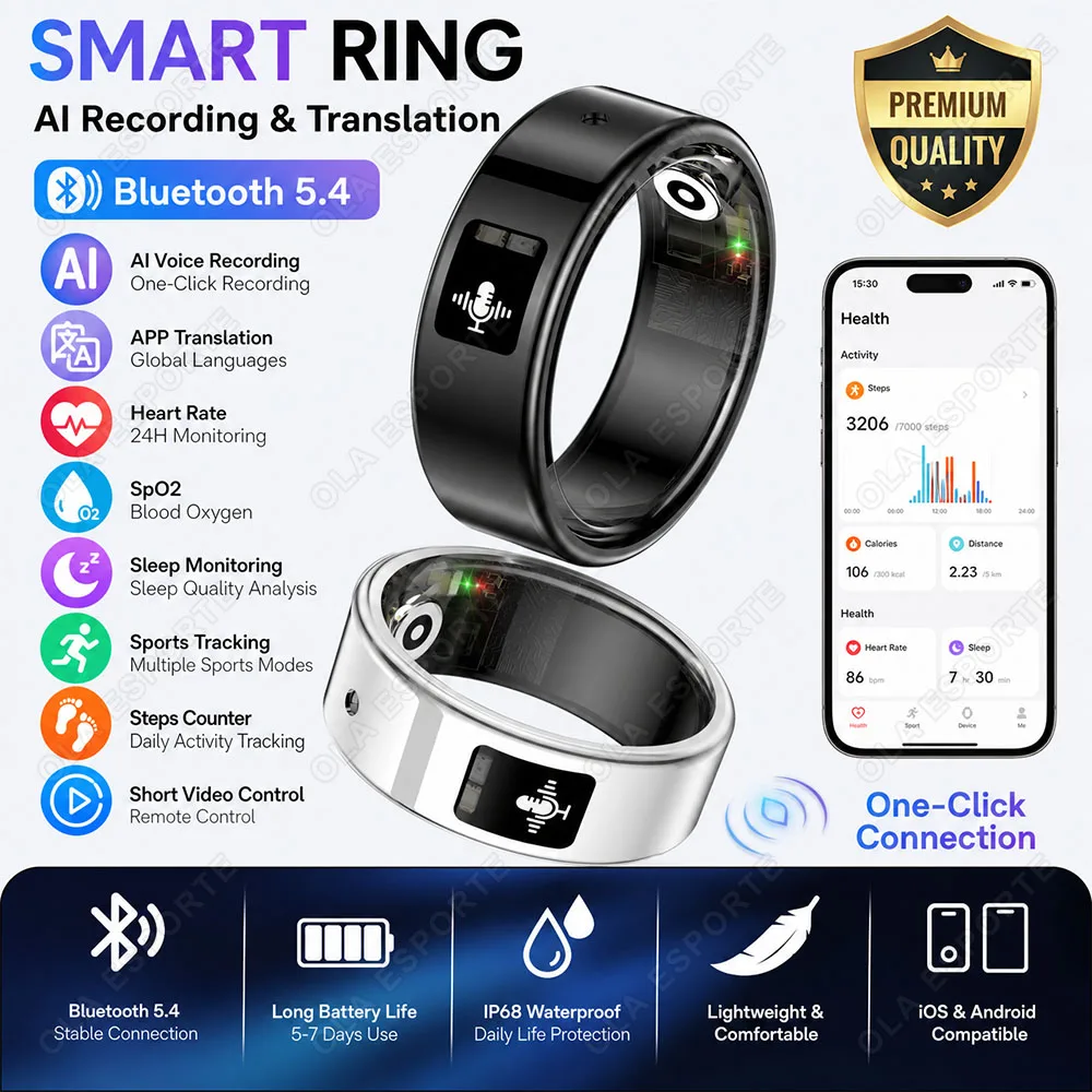 New Recording Smart Ring AI Translation Sports Tracking Pedometer Heart Rate Blood Oxygen Monitoring Sleep Health Smart Ring R12