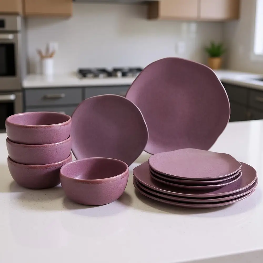 

Набор посуды из 12 предметов: тарелки и миски, подходит для микроволновой печи и посудомоечной машины, яркий дизайн с реактивной глазурью