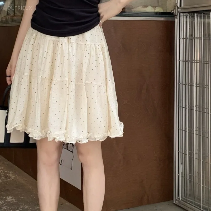Ruffles Women Skirts Polka Dot Spring Summer Korean Fashion Vintage Mini Skirt Elegant A-line Sweet Versatile Jupe Femme
