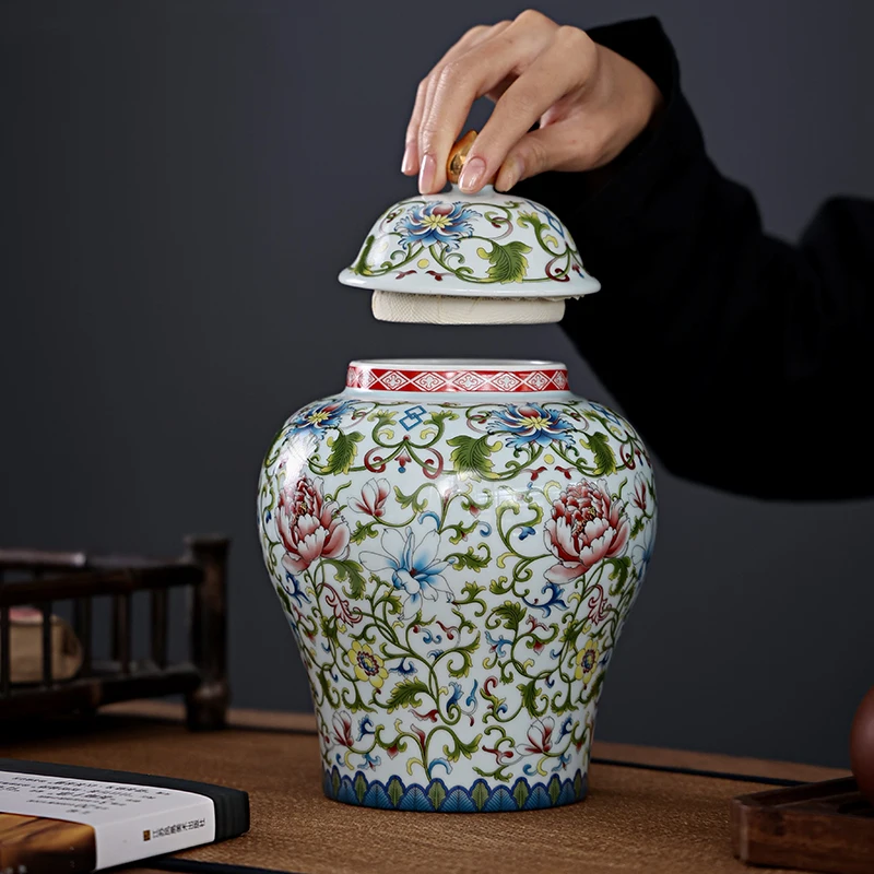 Modern Enamel Painted Flower General Jar Ceramic Sealed Tea Jar Gilded Art Decorative Jar Crafts Storage Bottle Home Decoration