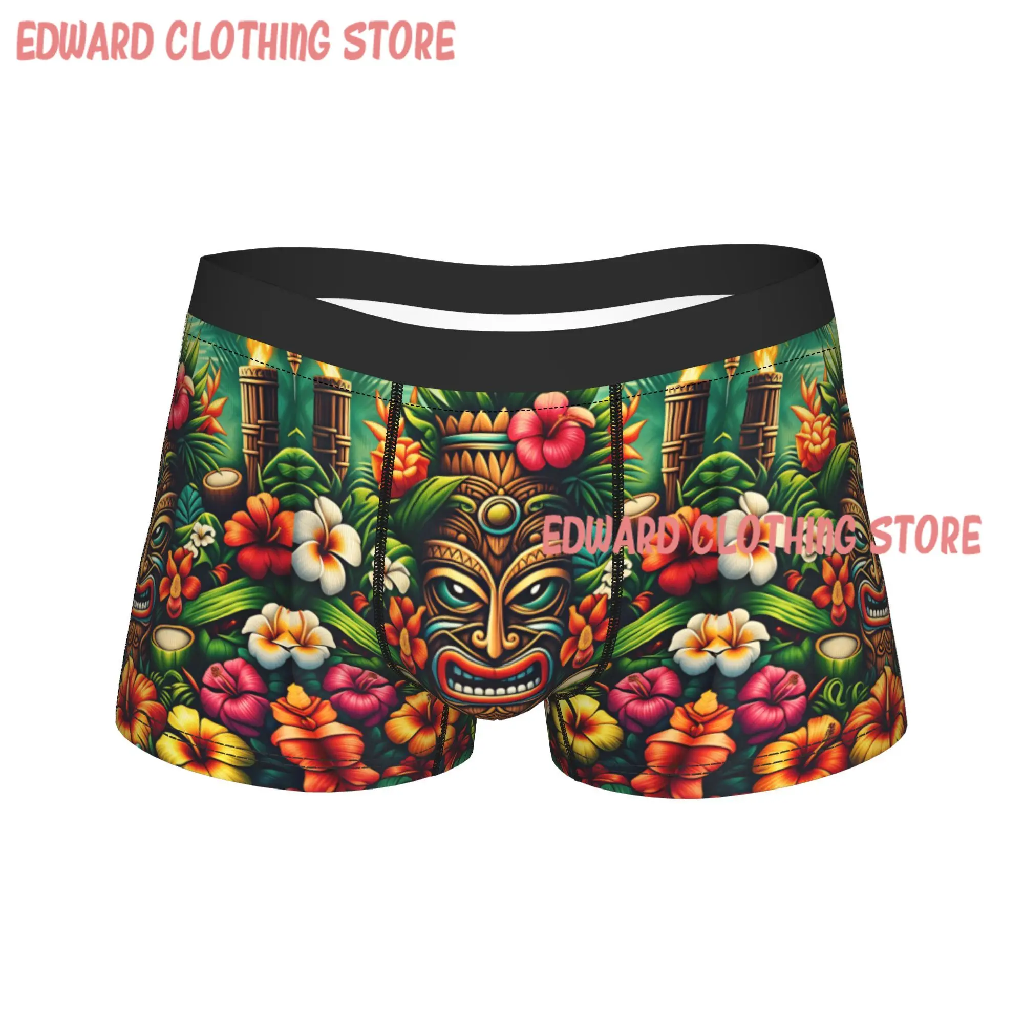 Tropical Flower Surrounded Tiki Mask Totem Hawaiian Art Boxer Brief  Underwear High Quality Men Comfortable Boxershorts