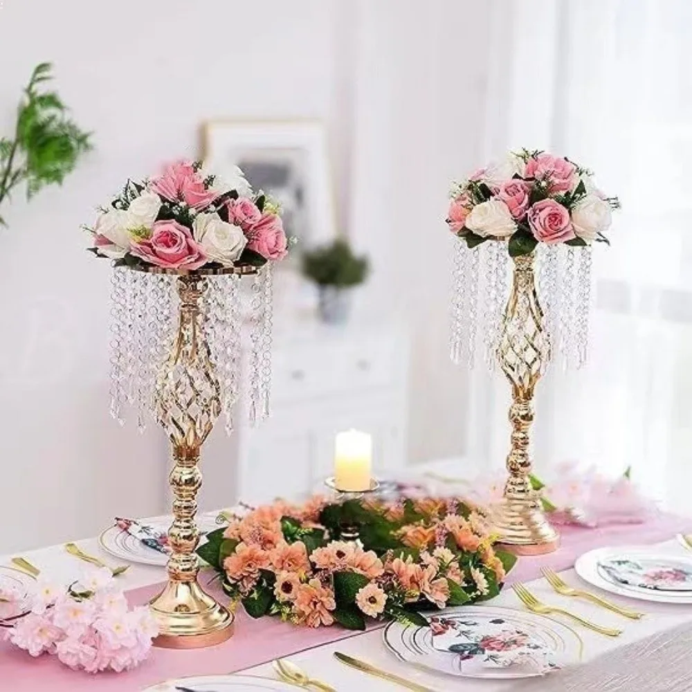 

Fashion Crystal Candle Holder Golden Flower Vase Lead Road Candlestick for Wedding Event Decoration