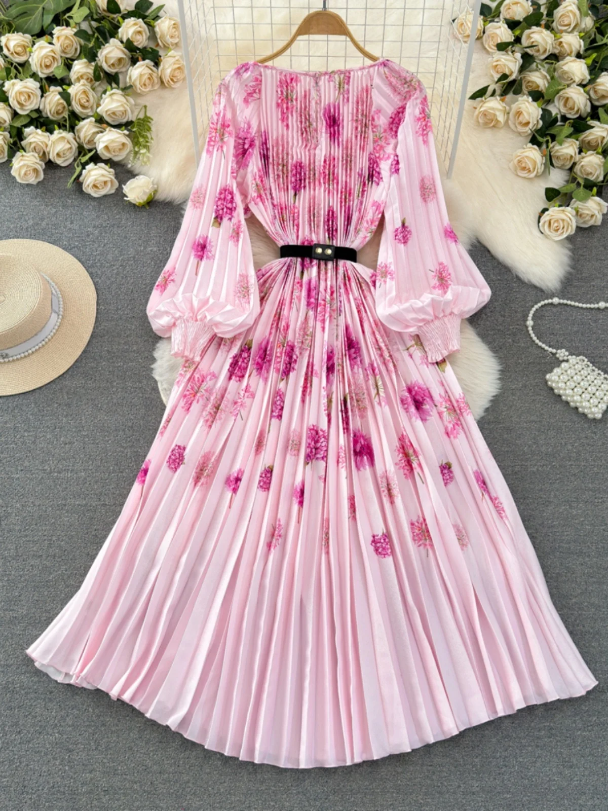 Minceur a-ligne lanterne Sve rond Ne robe jupe longue taille pliée conception imprimé fleuri femmes automne Dr Faionable