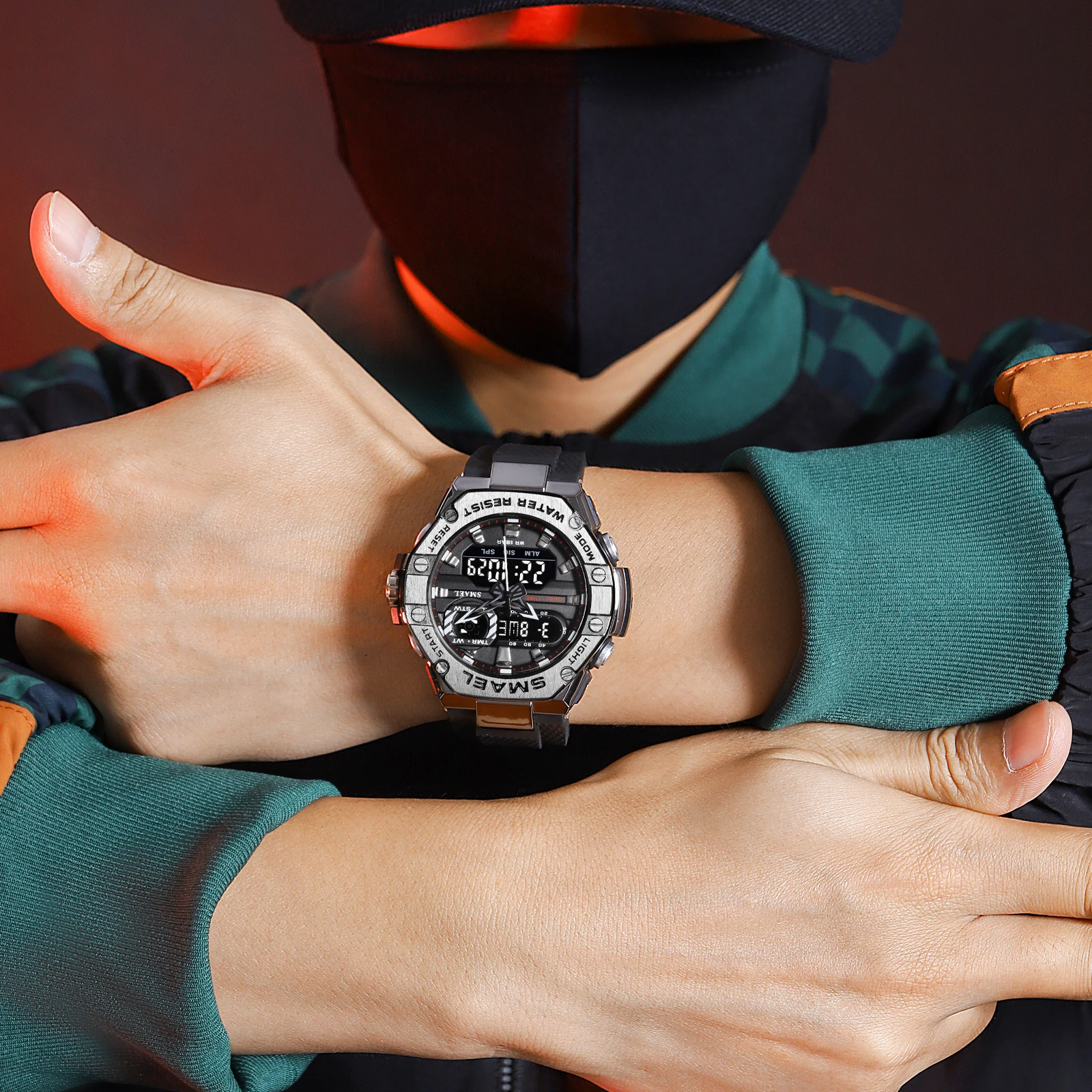 SMAEL 스포츠 시계 남성용 듀얼 타임 시계 Led 라이트 시계 알람 8066 패션 스포츠 시계 밀리터리 S Shiock 손목 시계