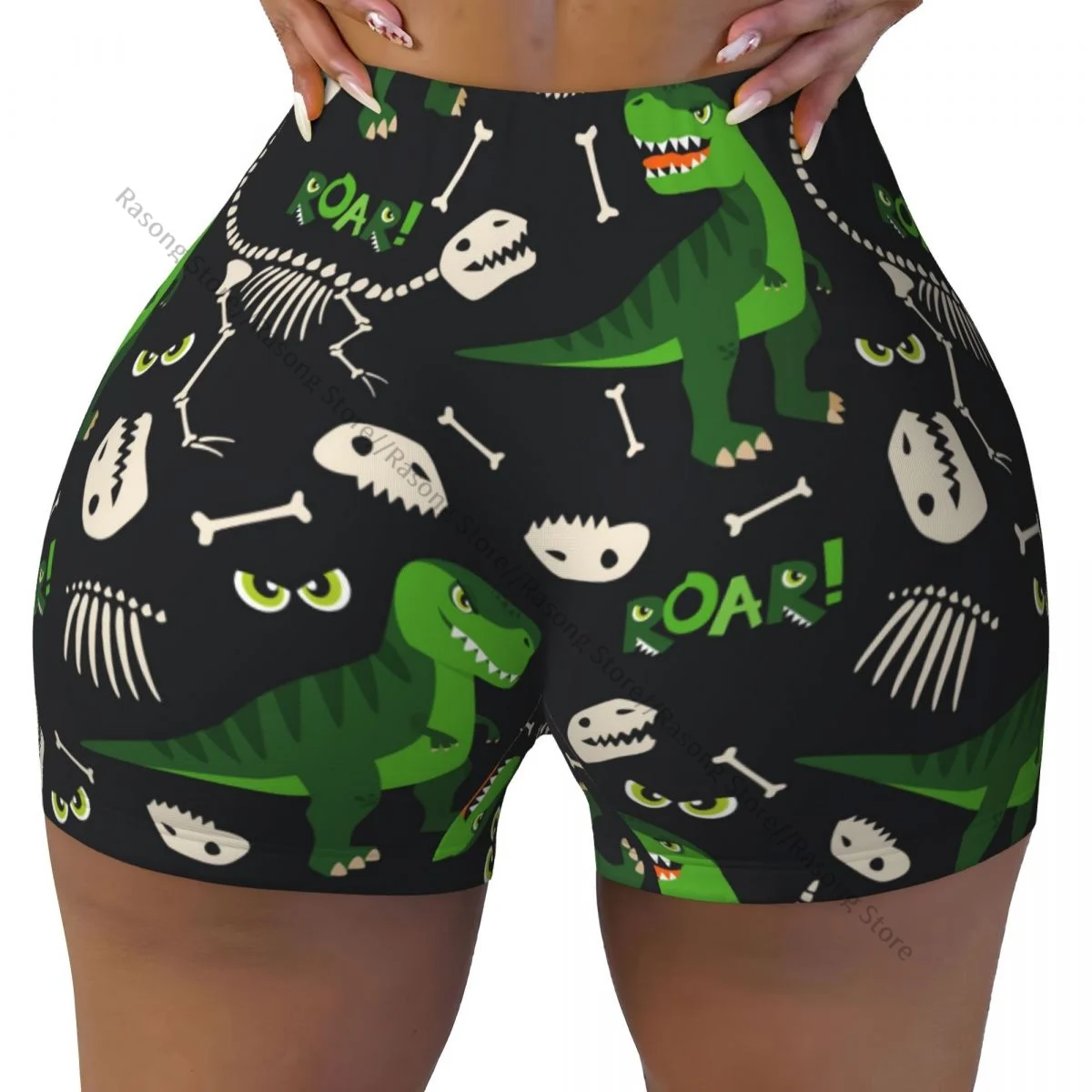 Shorts de sport pour femmes, push-up, courts, élastiques, scrunch, fesses, dessin animé, vert, dinosaures et os, course à pied, vêtements de gym