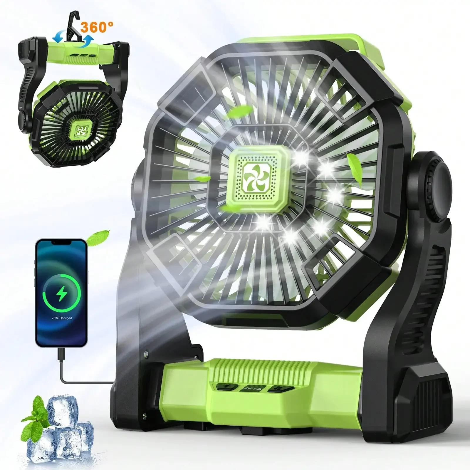 

Portable Camping Fan With LED Light - 20000mAh Rechargeable Battery, Adjustable 270°/360° Design For Tents