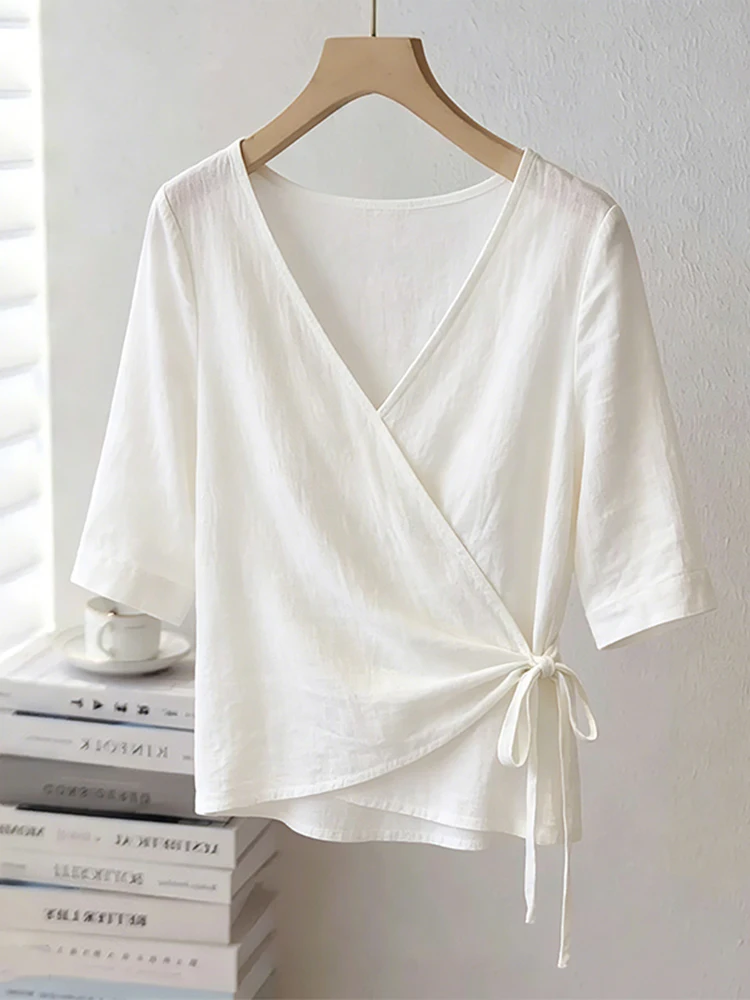 White V-Neck Shirt Women's Summer New Outwear Belt Waist Cinched Shirt French Style Slim Fit Seven Sleeve Women's Top