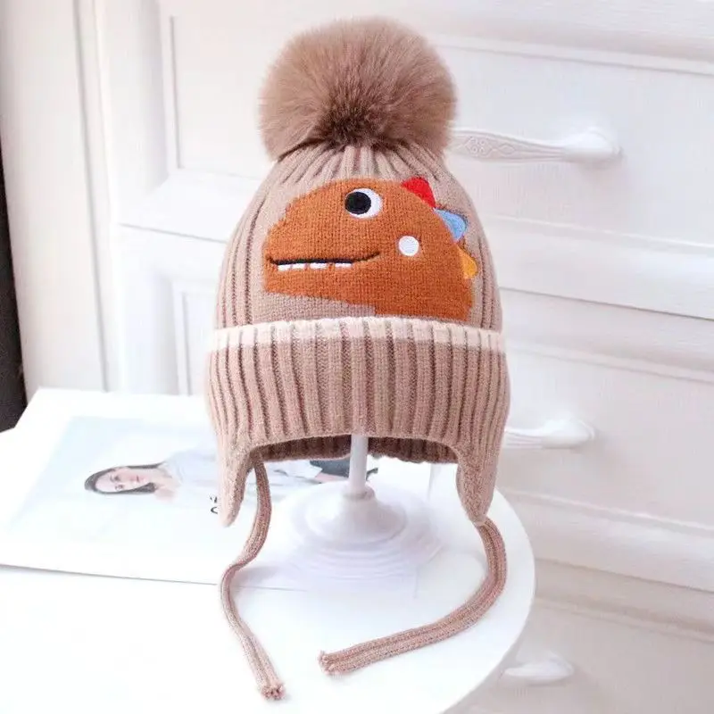 Winter Children\'s Thickened Knitted Hats For Boy Girl Cotton Warm Hat Cartoon Dinosaur Kids Toddler Ear Protection Beanies Cap