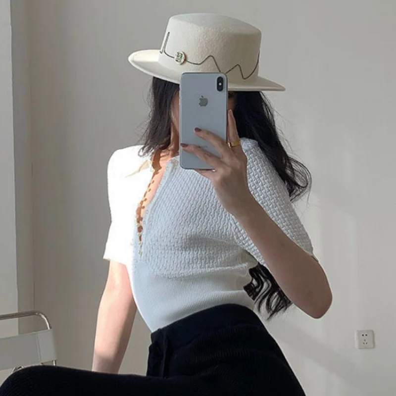 Knitted T-shirts for Women Solid Slim Fit Casual Cozy Beading Design Summer Short-sleeve All-match Korean Style Fashion Newly