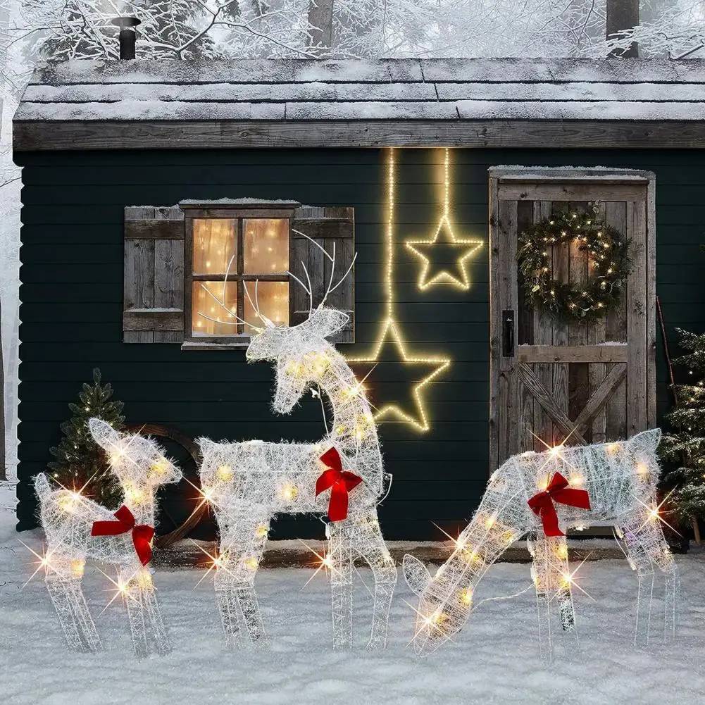 1 Pc/ 3 Pcs Metal Deer Decoration Outdoor Reindeer Statues with LED Light Glowing Reindeer Ornament for Lawn Garden Yard